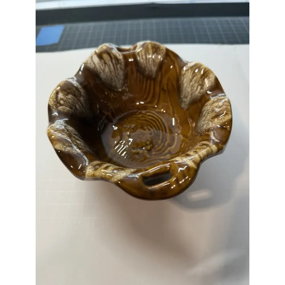 Vintage California Pottery Brown Wood Grain Serving Bowl MCM 7.5